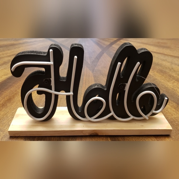 NWT Hello Sign Black & White Decorative Tabletop Accent – Rustic Wood Base - Picture 3 of 9